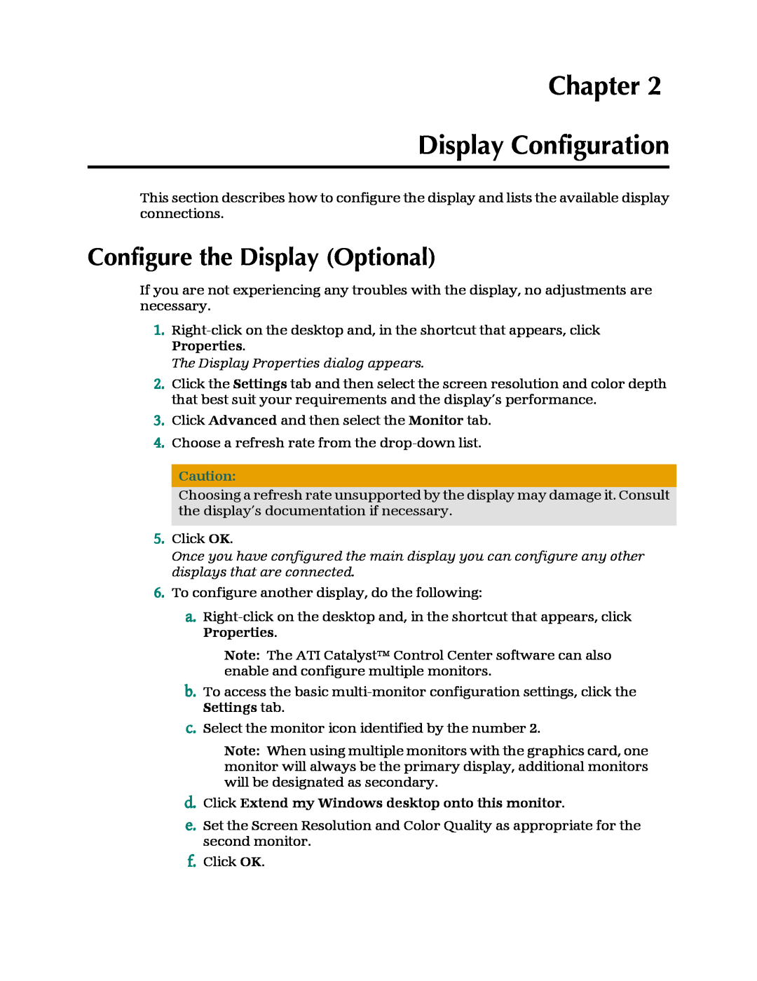 AMD 4850 manual Chapter Display Configuration, Configure the Display Optional, The Display Properties dialog appears 