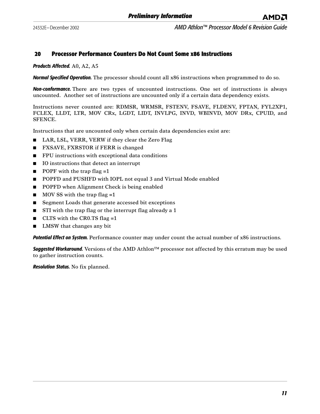 AMD 6 manual Products Affected. A0, A2, A5, Sfence 