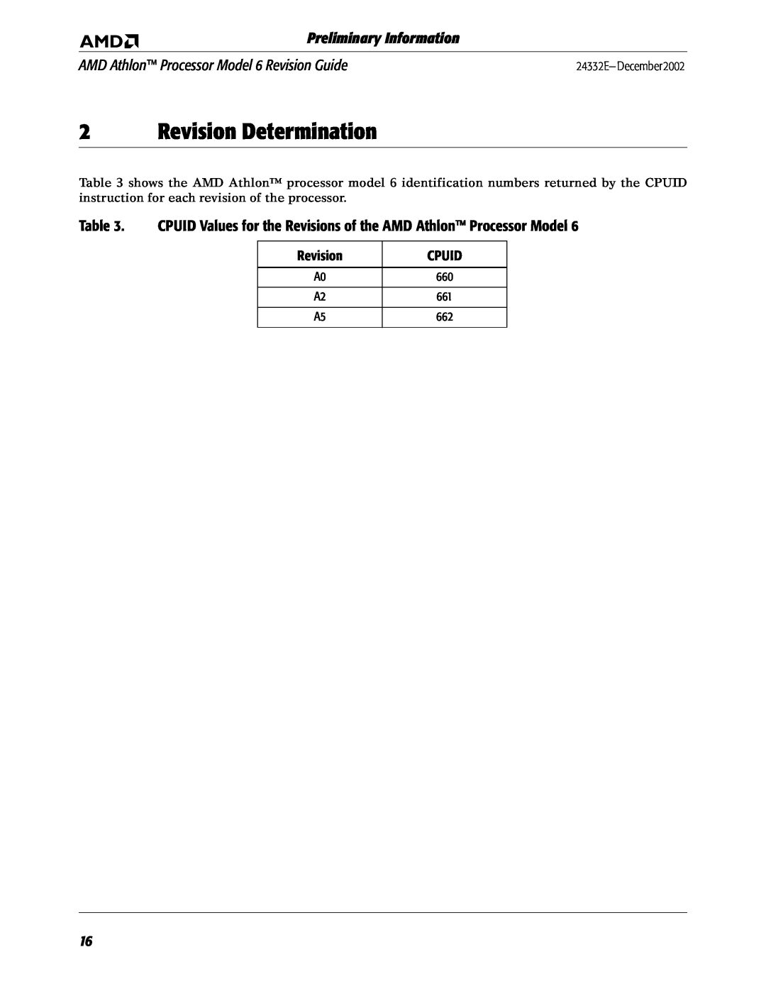 AMD manual Revision Determination, Preliminary Information, AMD Athlon Processor Model 6 Revision Guide, Cpuid 