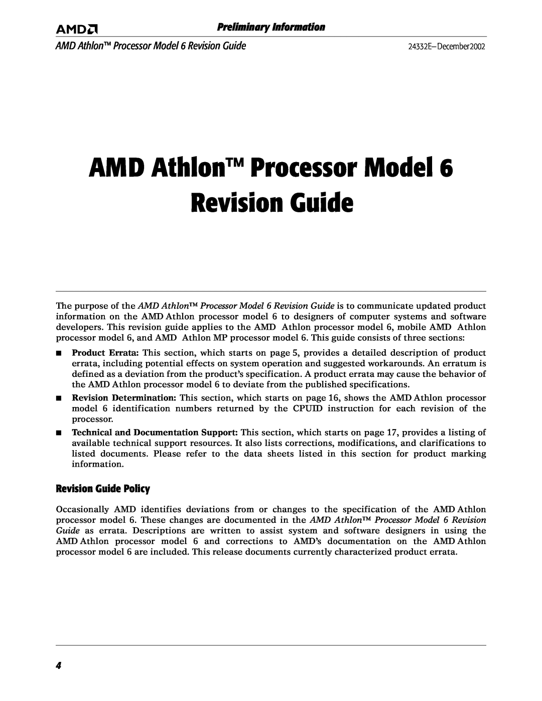 AMD manual AMD Athlon Processor Model 6 Revision Guide, Revision Guide Policy, AMD Athlon Processor Model Revision Guide 