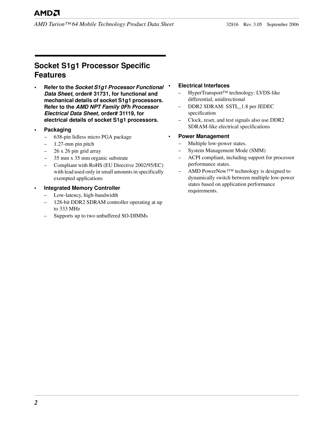 AMD 64 specifications Socket S1g1 Processor Specific Features, Packaging Electrical Interfaces 