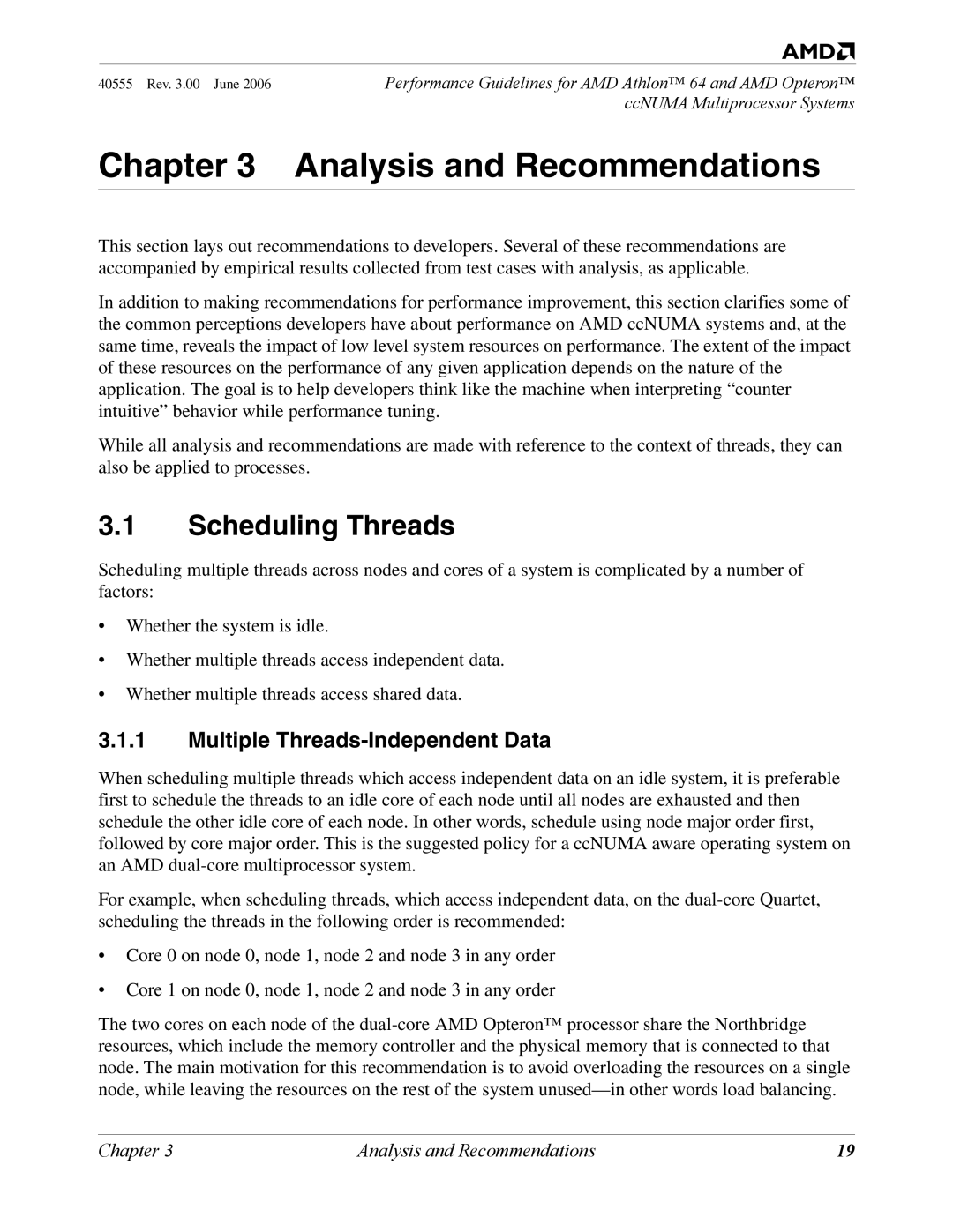 AMD 64 manual Analysis and Recommendations, Scheduling Threads, Multiple Threads-Independent Data 