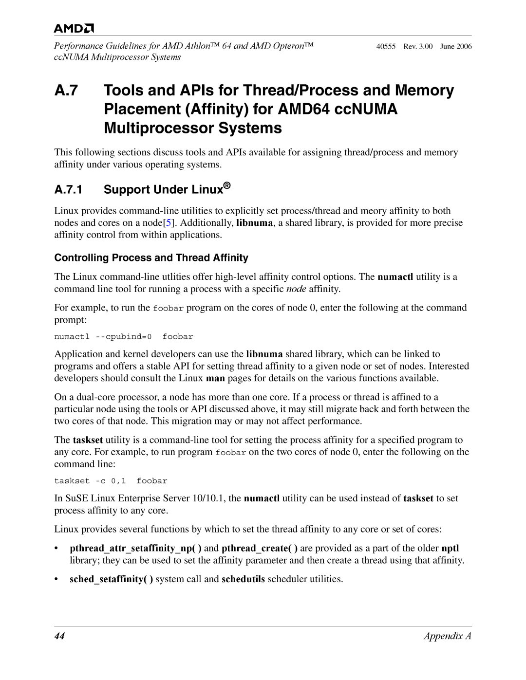 AMD 64 manual Support Under Linux, Controlling Process and Thread Affinity 