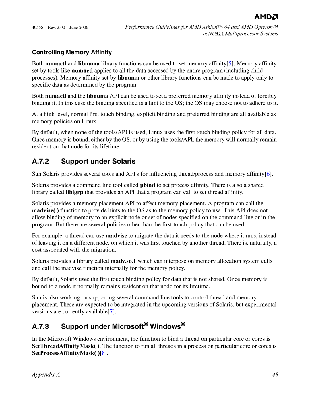 AMD 64 manual Support under Solaris, Support under Microsoft Windows 