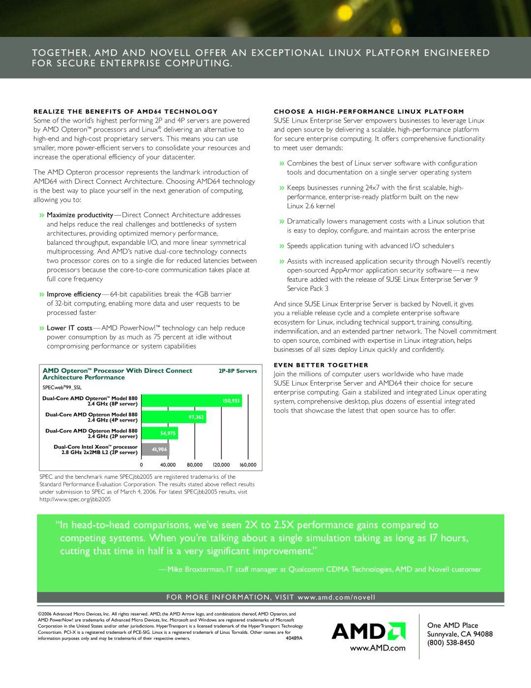 AMD 64 manual AMD Opteron Processor With Direct Connect, Architecture Performance 