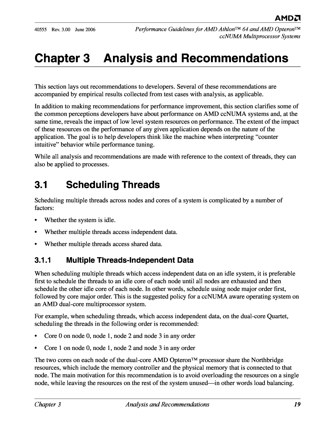 AMD 64 manual Analysis and Recommendations, Scheduling Threads, Multiple Threads-Independent Data, Chapter 
