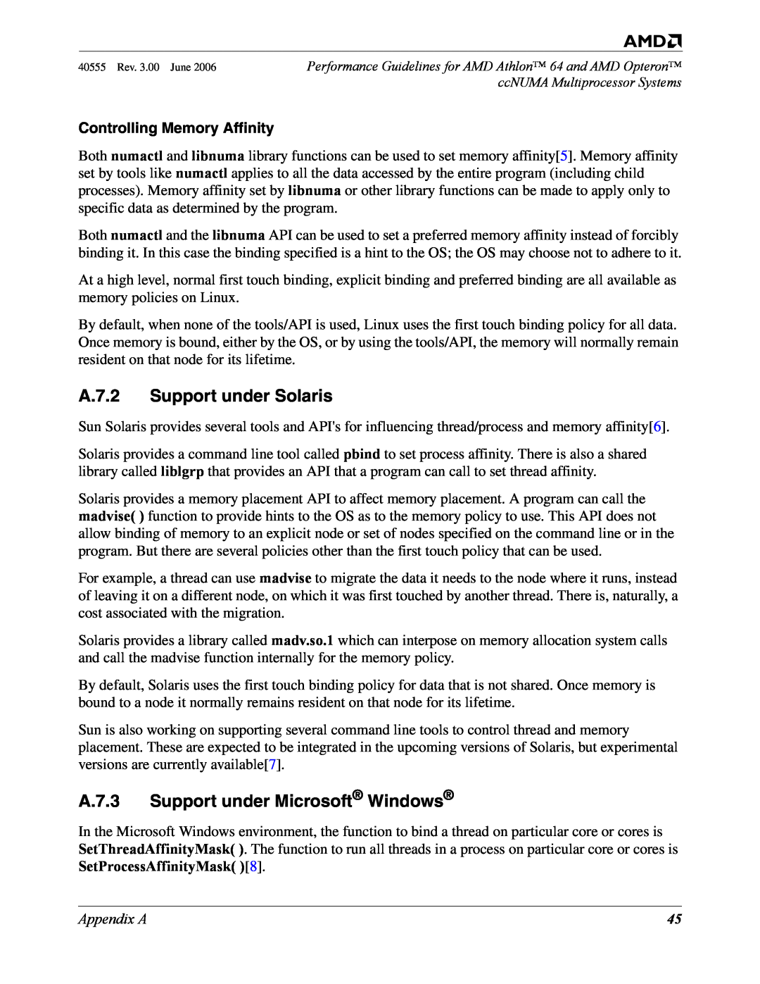AMD 64 manual A.7.2 Support under Solaris, A.7.3 Support under Microsoft Windows, Controlling Memory Affinity, Appendix A 