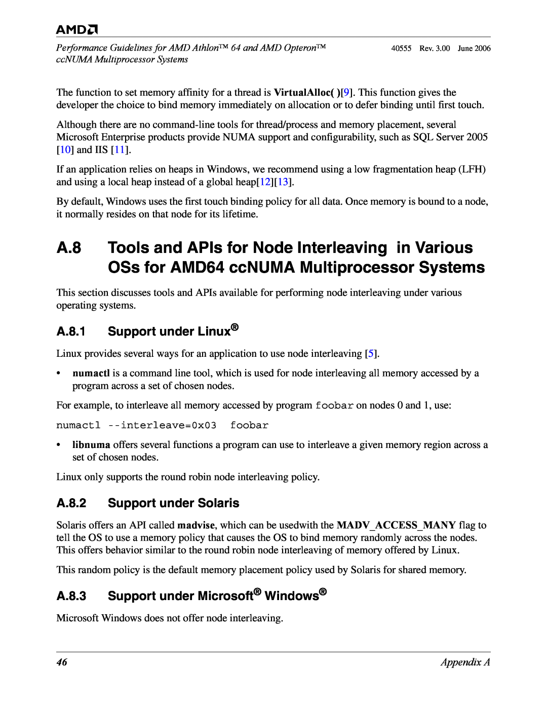 AMD 64 manual A.8.1 Support under Linux, A.8.2 Support under Solaris, A.8.3 Support under Microsoft Windows 