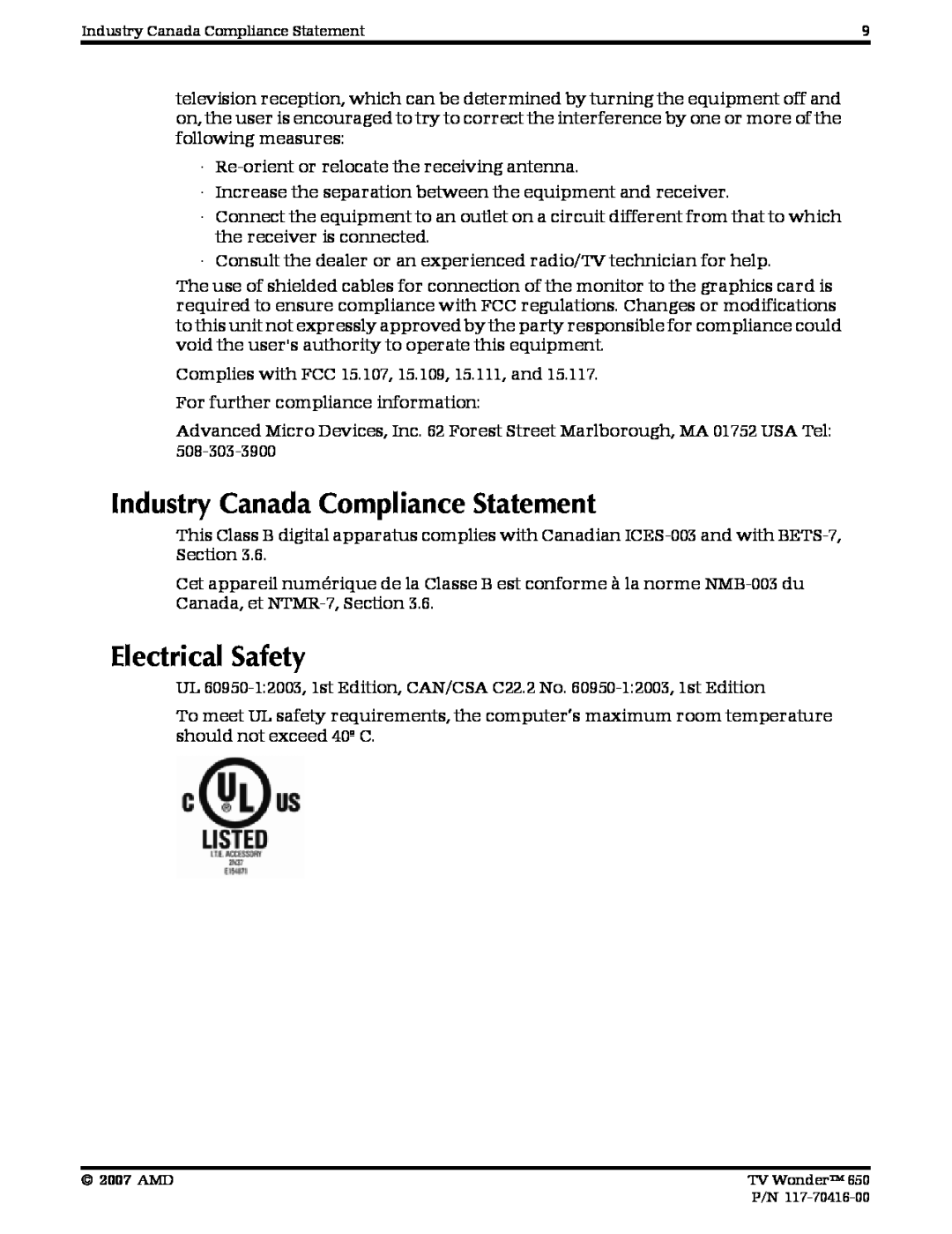 AMD 650 manual Industry Canada Compliance Statement, Electrical Safety 