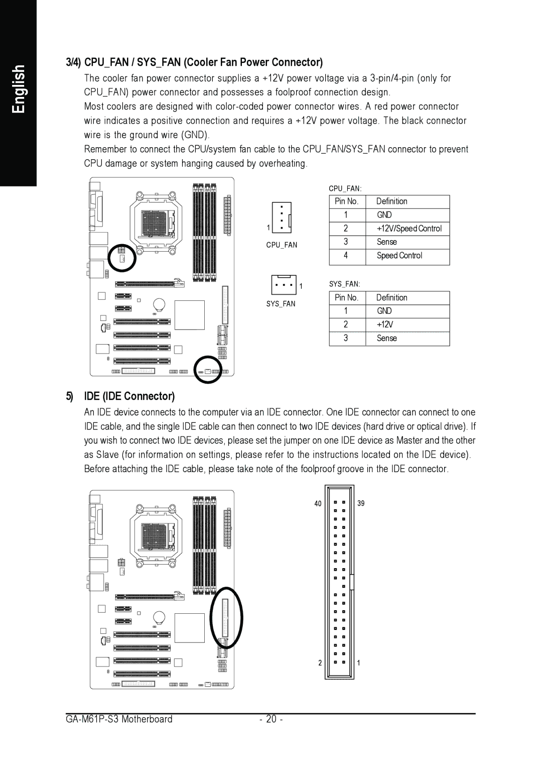 AMD 701P47156 user manual Cpufan / Sysfan Cooler Fan Power Connector, IDE IDE Connector 