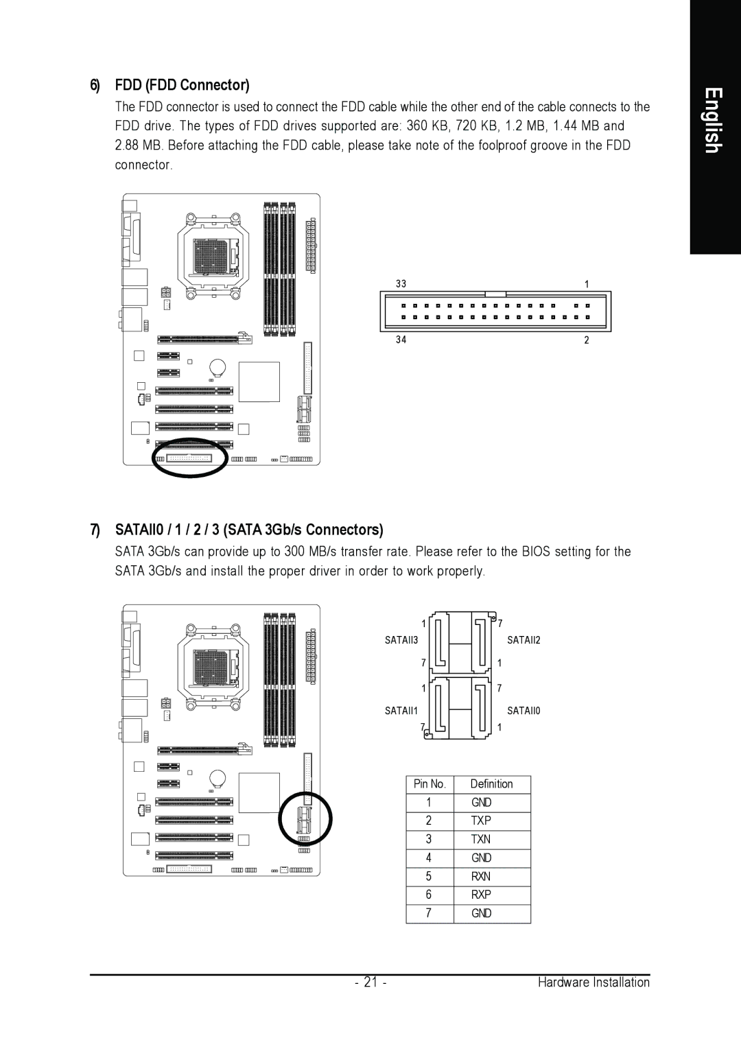 AMD 701P47156 user manual FDD FDD Connector, SATAII0 / 1 / 2 / 3 Sata 3Gb/s Connectors 