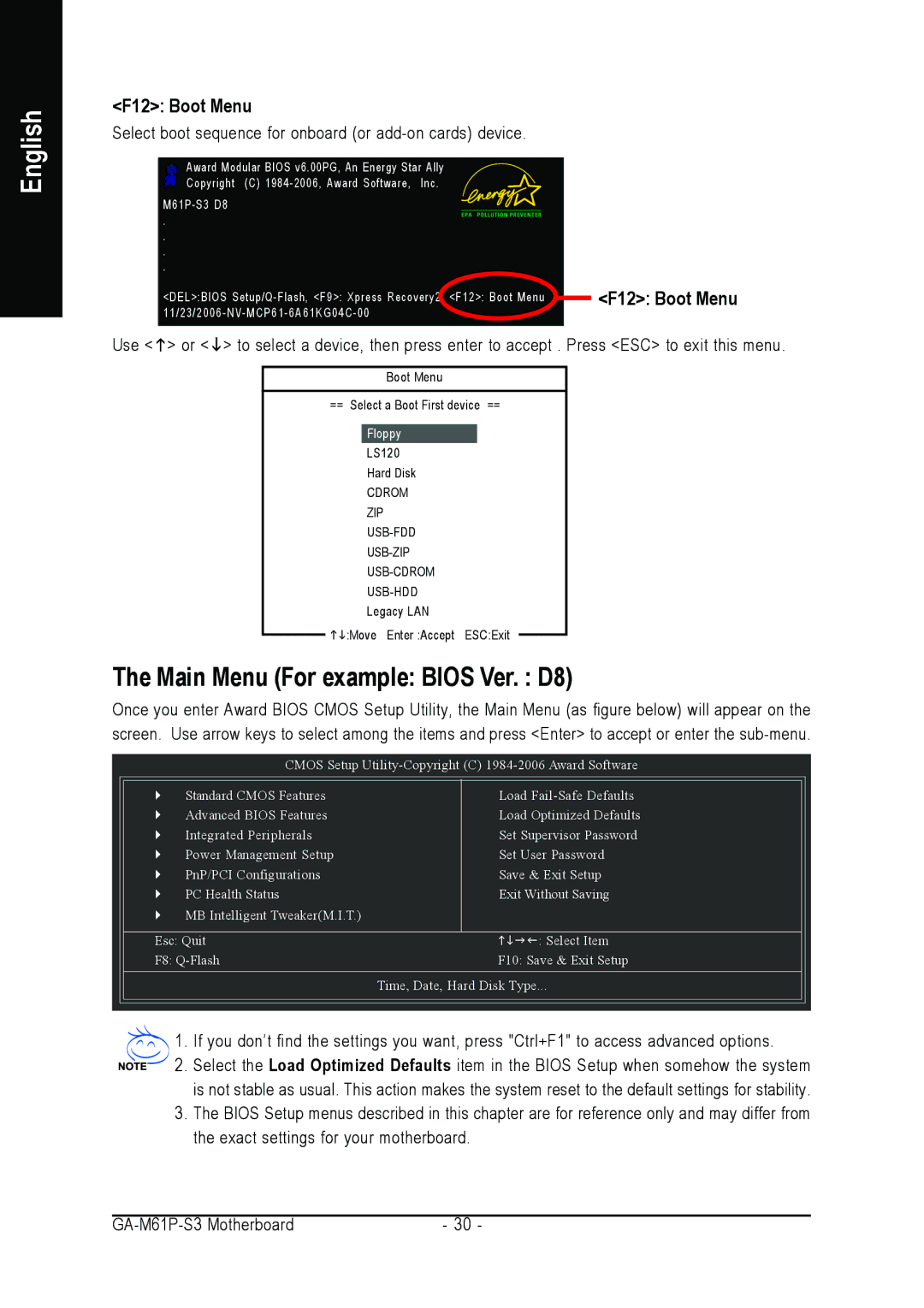 AMD 701P47156 user manual Main Menu For example Bios Ver. D8, F12 Boot Menu 