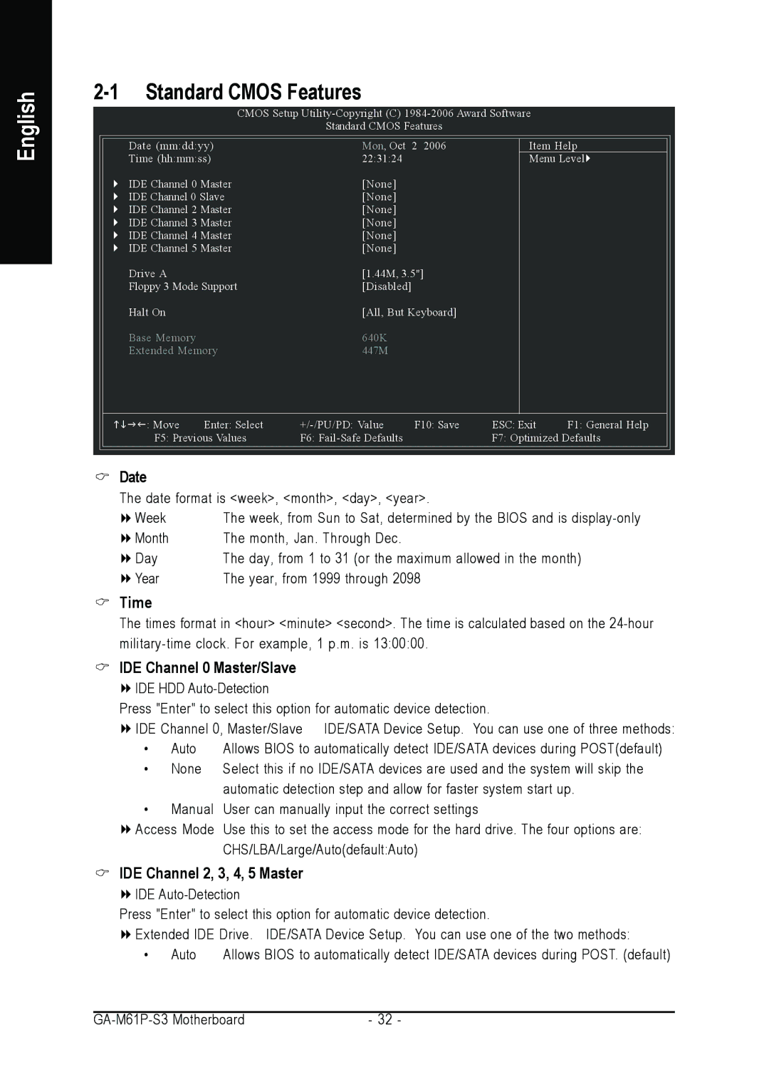 AMD 701P47156 user manual Standard Cmos Features, Time, IDE Channel 0 Master/Slave, IDE Channel 2, 3, 4, 5 Master 