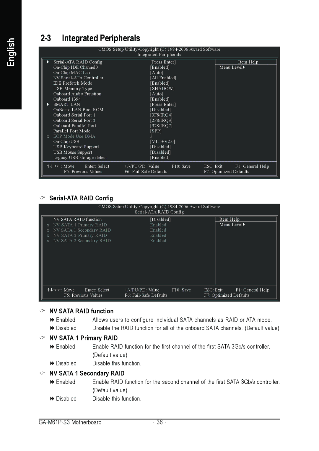 AMD 701P47156 user manual Integrated Peripherals, NV Sata RAID function, NV Sata 1 Primary RAID, NV Sata 1 Secondary RAID 