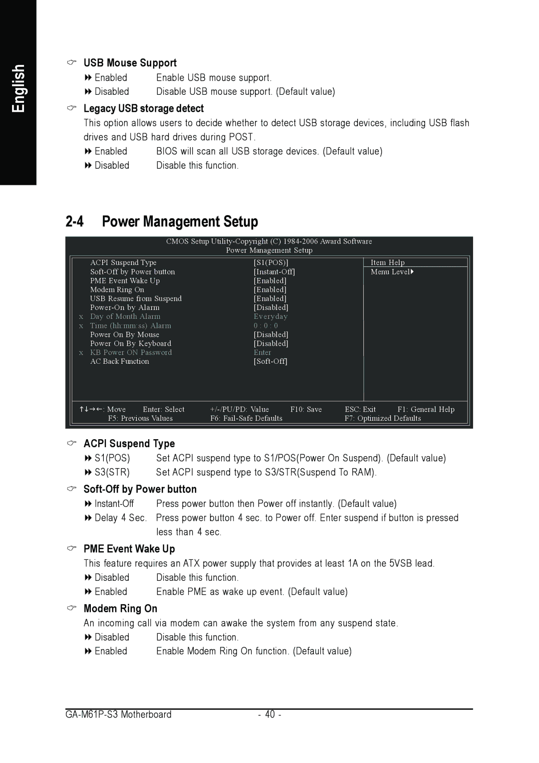 AMD 701P47156 Power Management Setup, USB Mouse Support, Legacy USB storage detect, PME Event Wake Up, Modem Ring On 