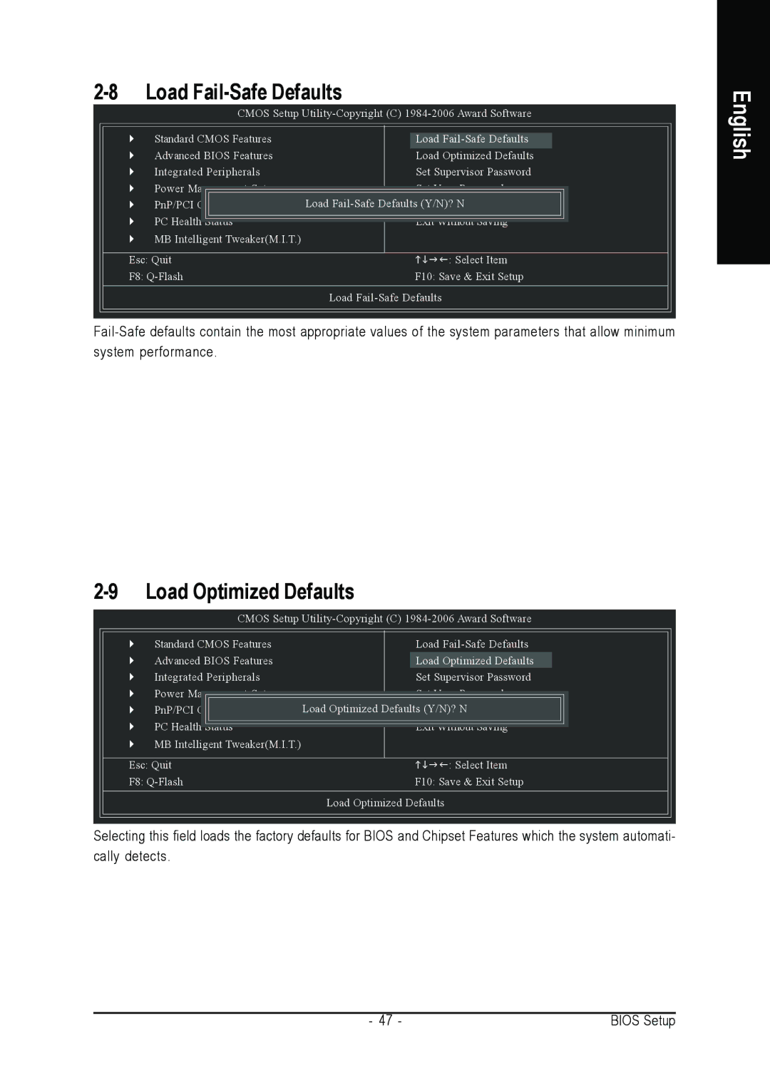 AMD 701P47156 user manual Load Fail-Safe Defaults, Load Optimized Defaults 