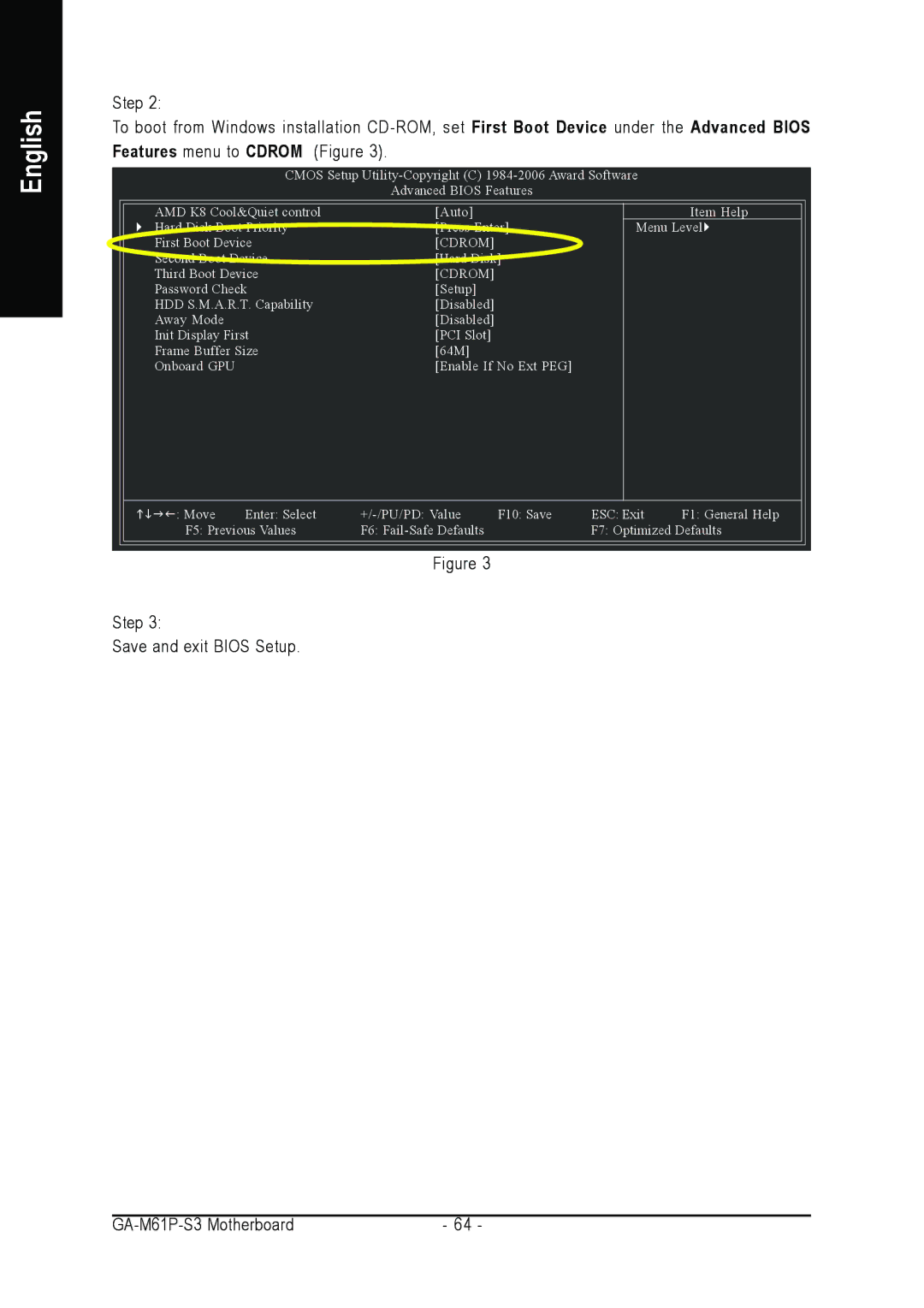 AMD 701P47156 user manual Step Save and exit Bios Setup GA-M61P-S3 Motherboard 