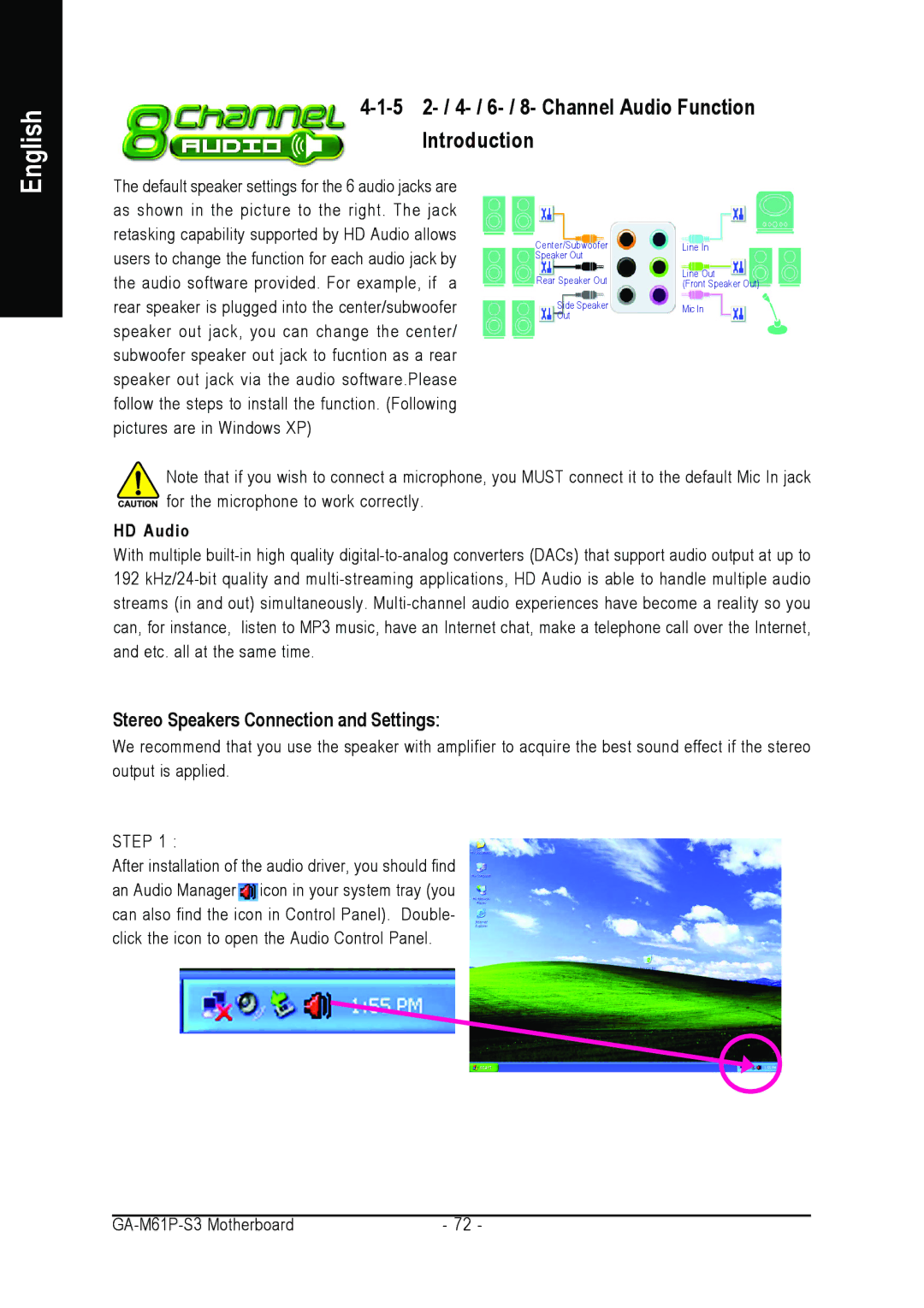 AMD 701P47156 user manual 5 2- / 4- / 6- / 8- Channel Audio Function Introduction, Stereo Speakers Connection and Settings 