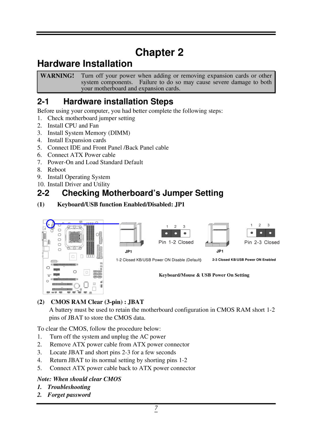 AMD 790GX Hardware installation Steps, Checking Motherboard’s Jumper Setting, Keyboard/USB function Enabled/Disabled JP1 