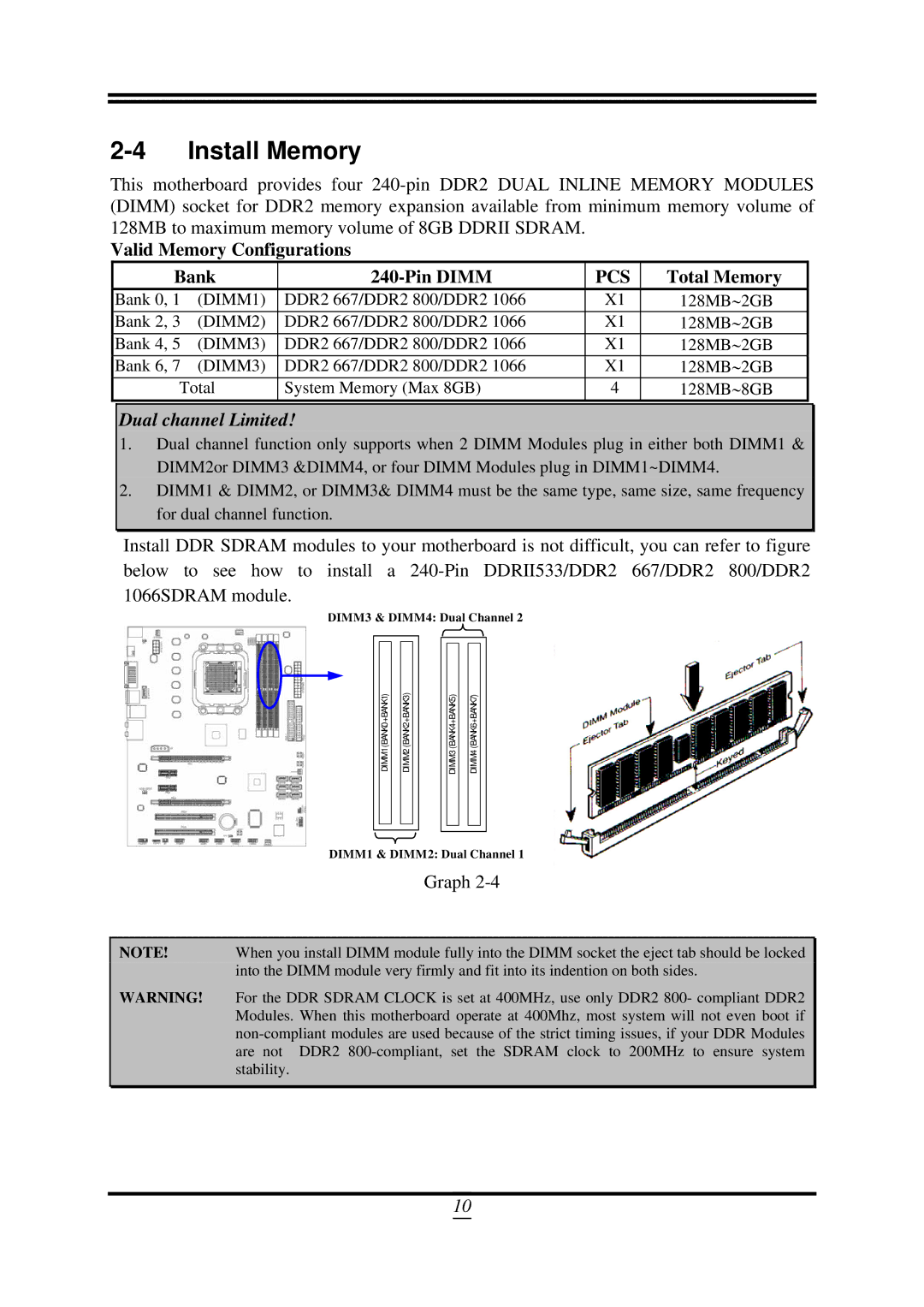 AMD SB750, 790GX user manual Install Memory, Valid Memory Configurations Bank Pin Dimm, Total Memory 