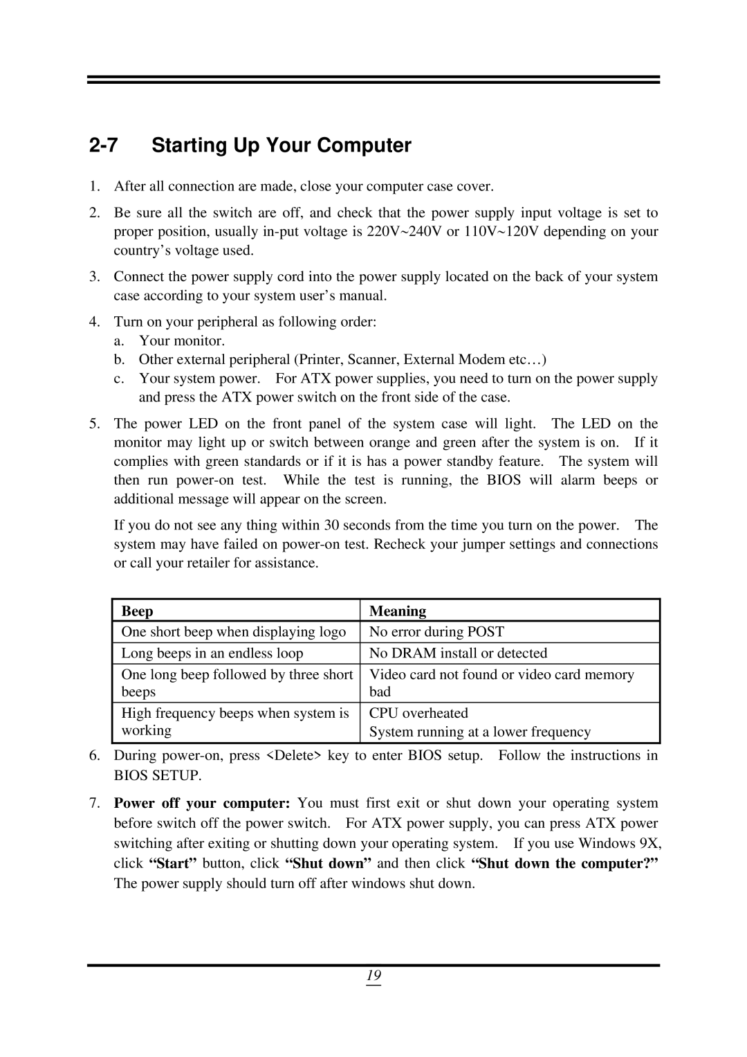 AMD 790GX, SB750 user manual Starting Up Your Computer, Beep Meaning 