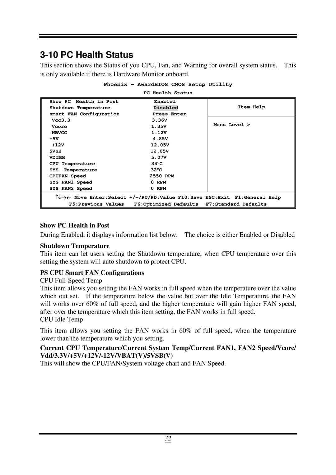 AMD SB750, 790GX user manual PC Health Status, Show PC Health in Post, Shutdown Temperature, PS CPU Smart FAN Configurations 