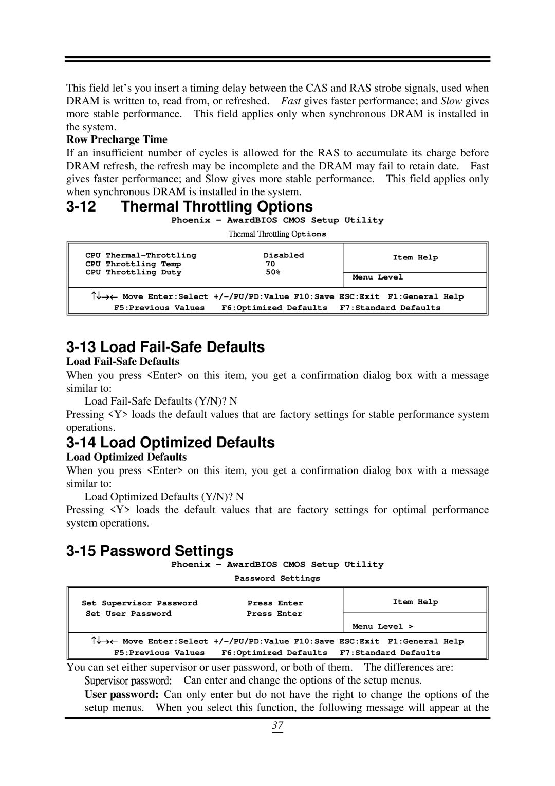 AMD 790GX, SB750 user manual Thermal Throttling Options, Load Fail-Safe Defaults, Load Optimized Defaults, Password Settings 