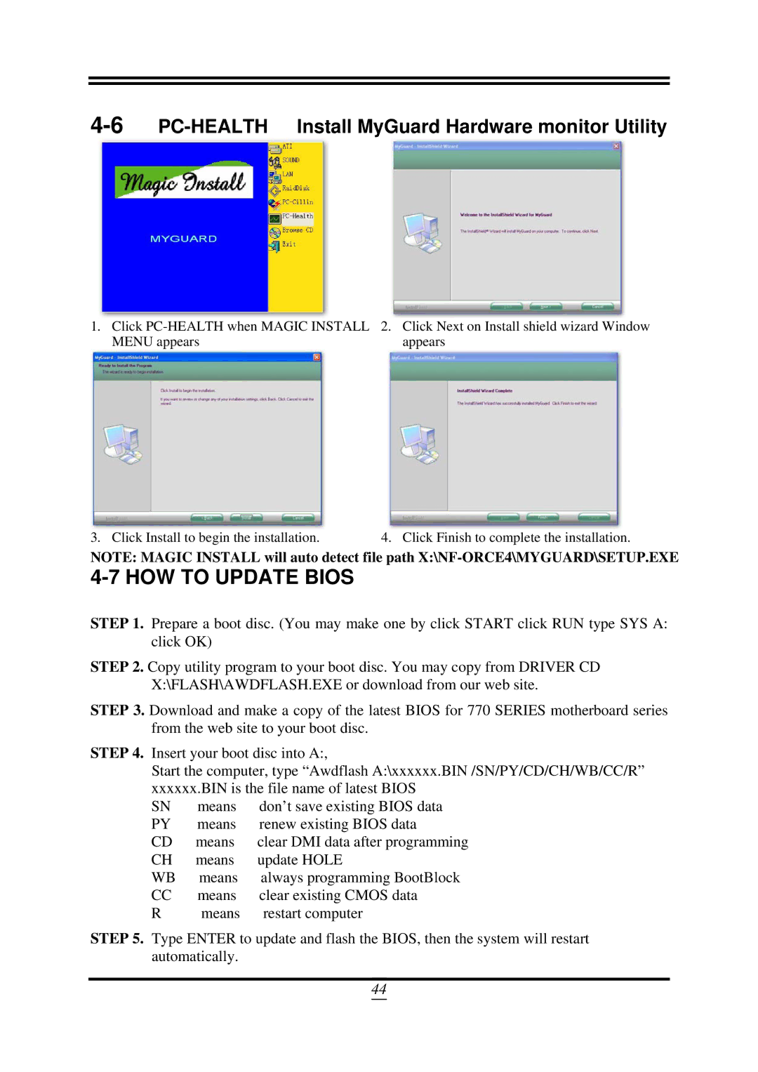 AMD SB750, 790GX user manual HOW to Update Bios, 6PC-HEALTH Install MyGuard Hardware monitor Utility 