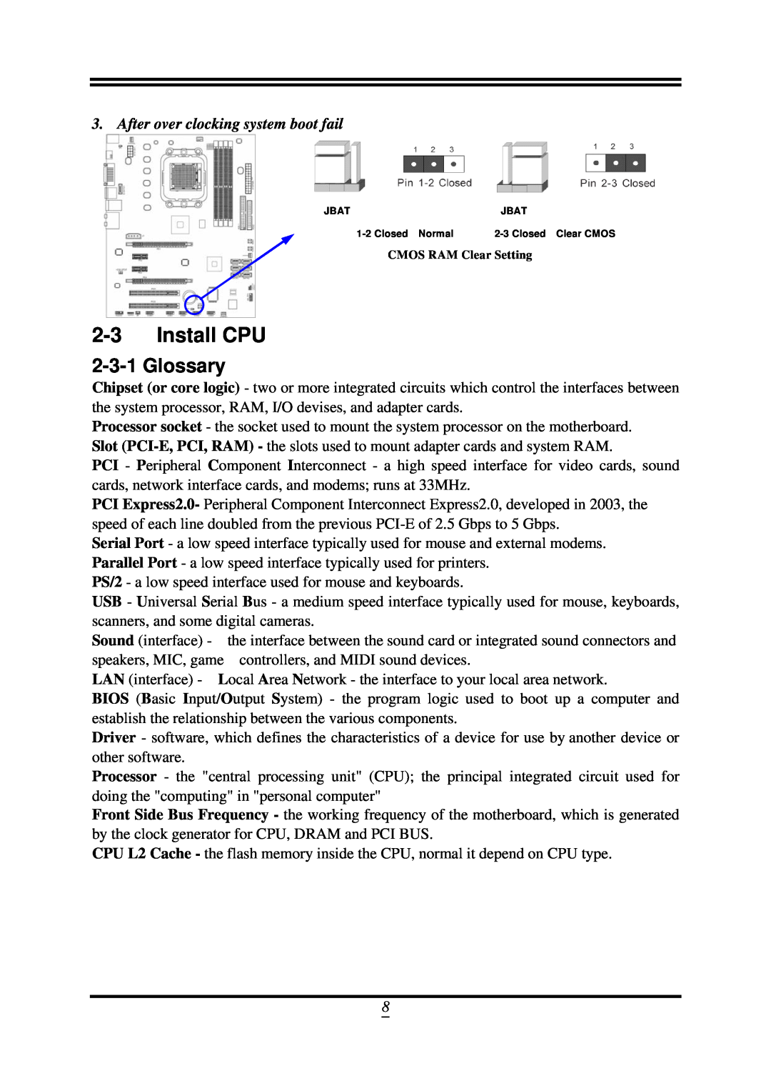 AMD SB750, 790GX user manual Install CPU, Glossary, After over clocking system boot fail 