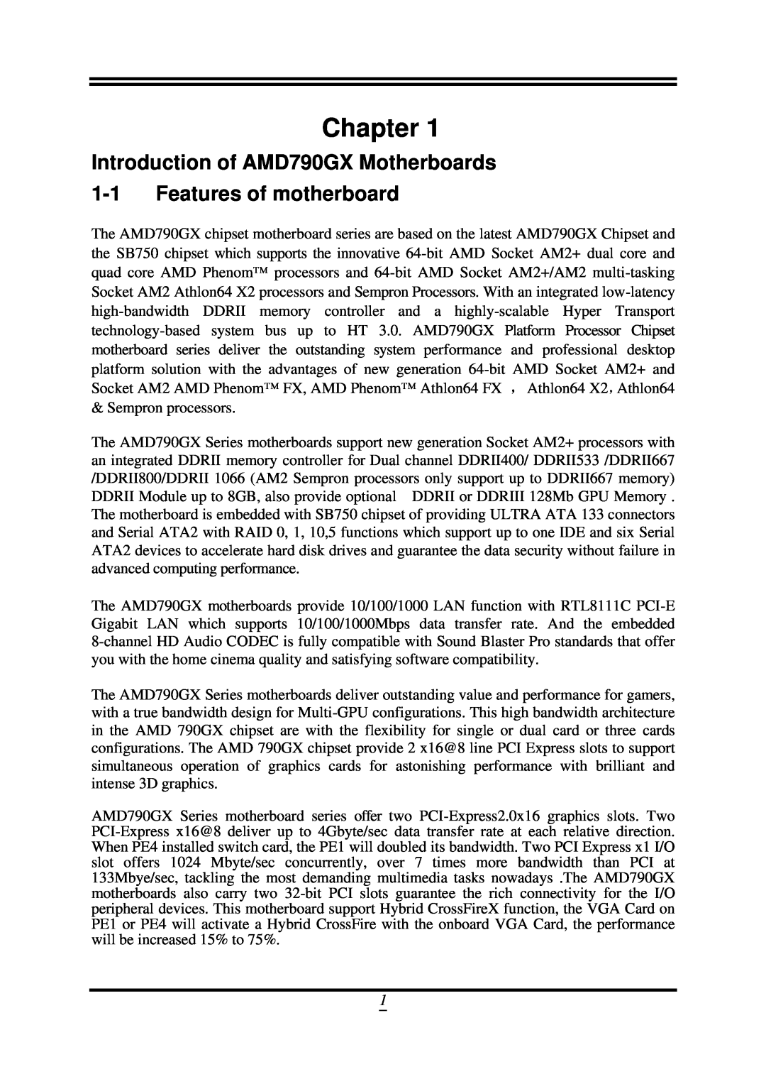AMD SB750 user manual Chapter, Introduction of AMD790GX Motherboards 1-1 Features of motherboard 