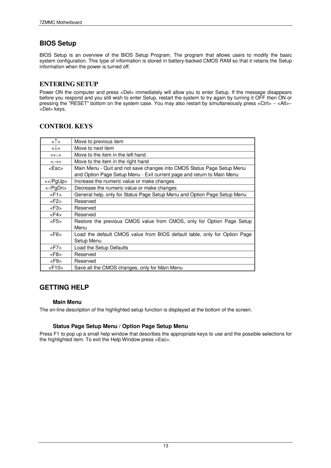 AMD 7ZMMC user manual Bios Setup, Main Menu, Status Page Setup Menu / Option Page Setup Menu 