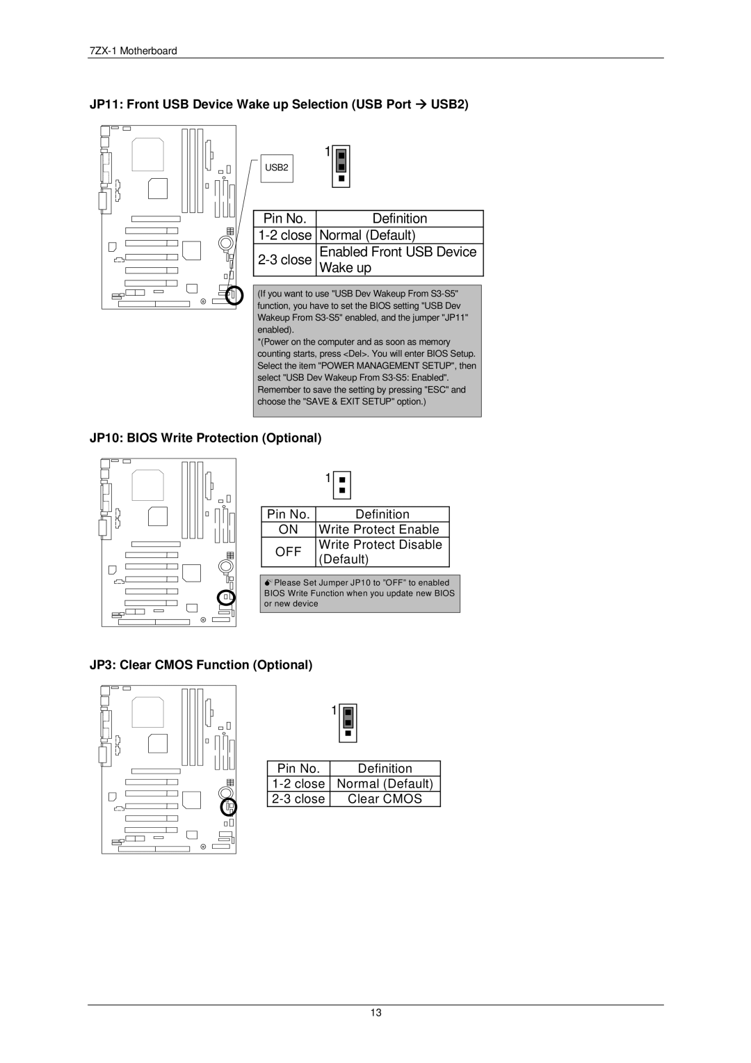 AMD 7ZX-1 user manual JP11 Front USB Device Wake up Selection USB Port USB2, JP10 Bios Write Protection Optional 