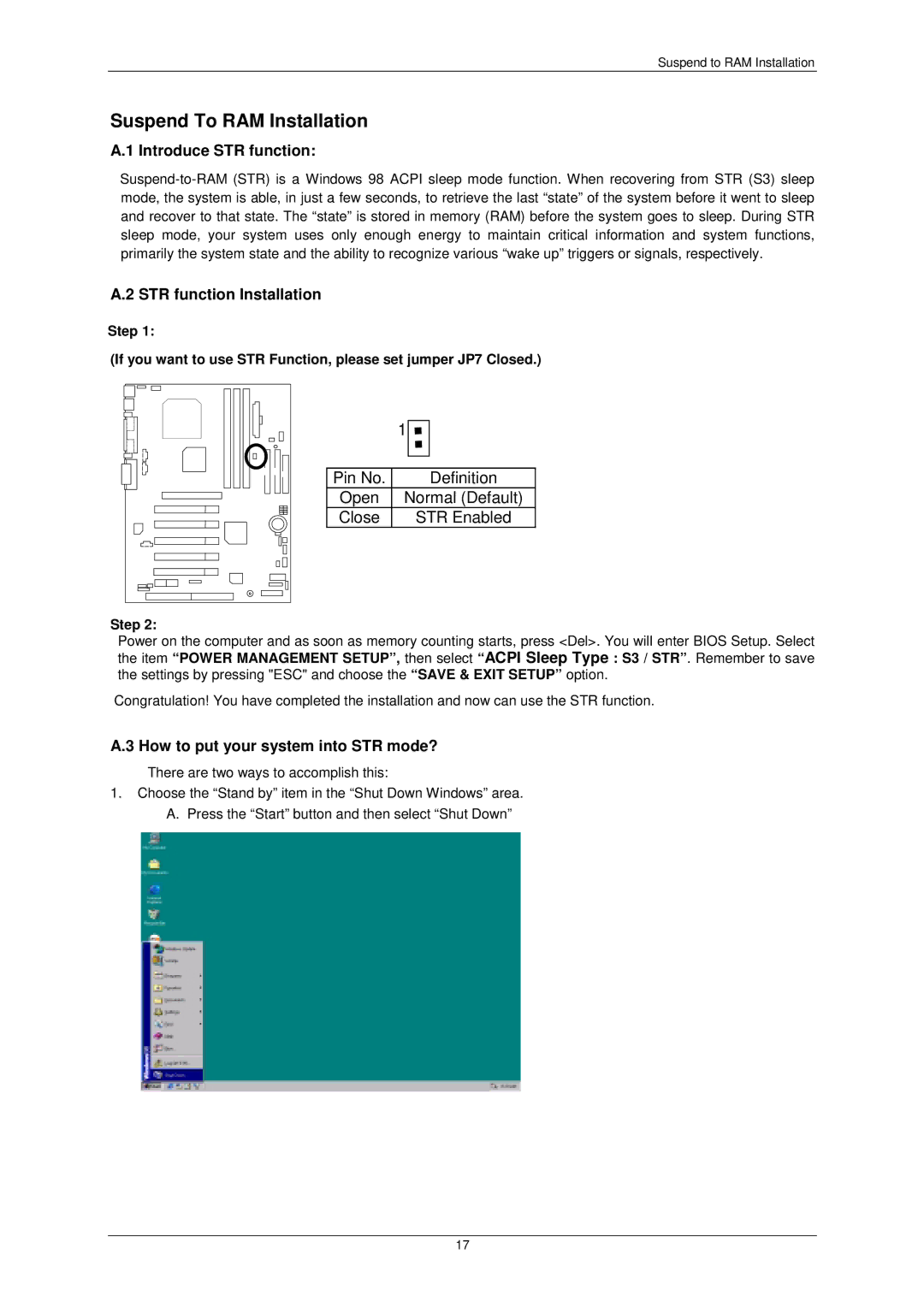 AMD 7ZX-1 user manual Suspend To RAM Installation, Introduce STR function, STR function Installation, Step 