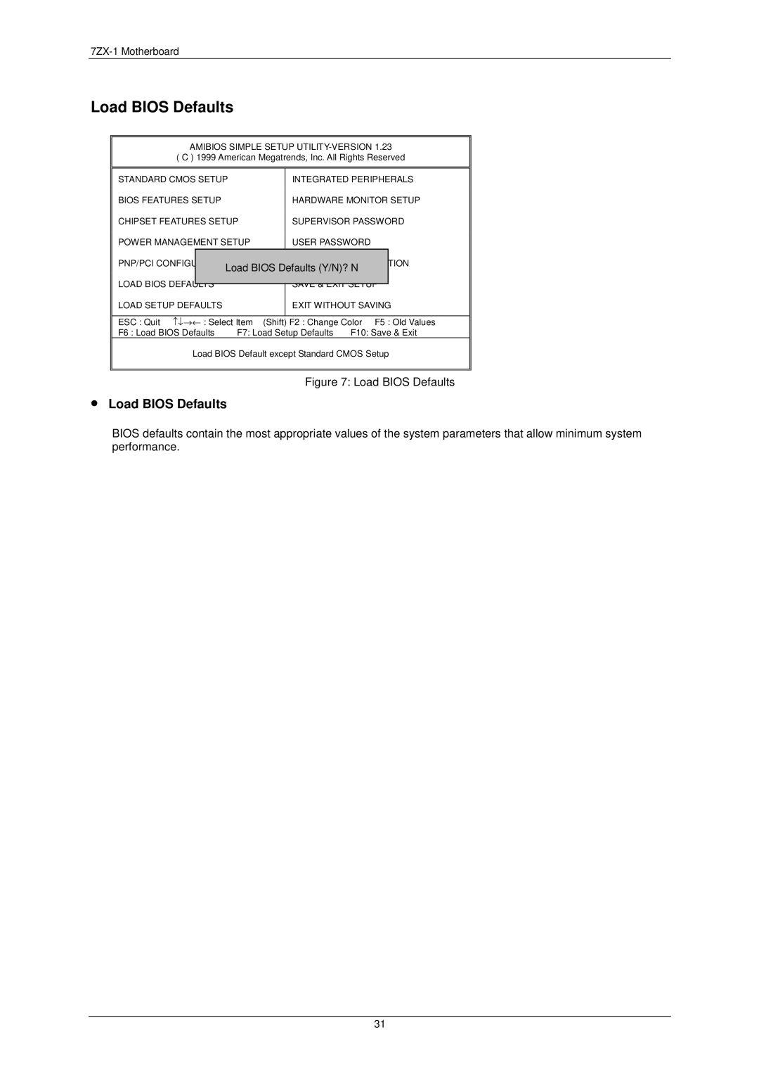 AMD 7ZX-1 user manual Load Bios Defaults Y/N? N 