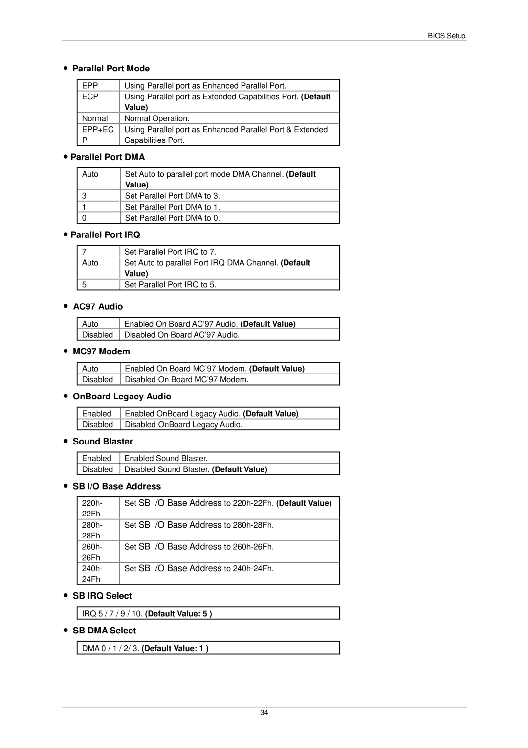 AMD 7ZX-1 Parallel Port Mode, Parallel Port DMA, Parallel Port IRQ, AC97 Audio, MC97 Modem, OnBoard Legacy Audio 