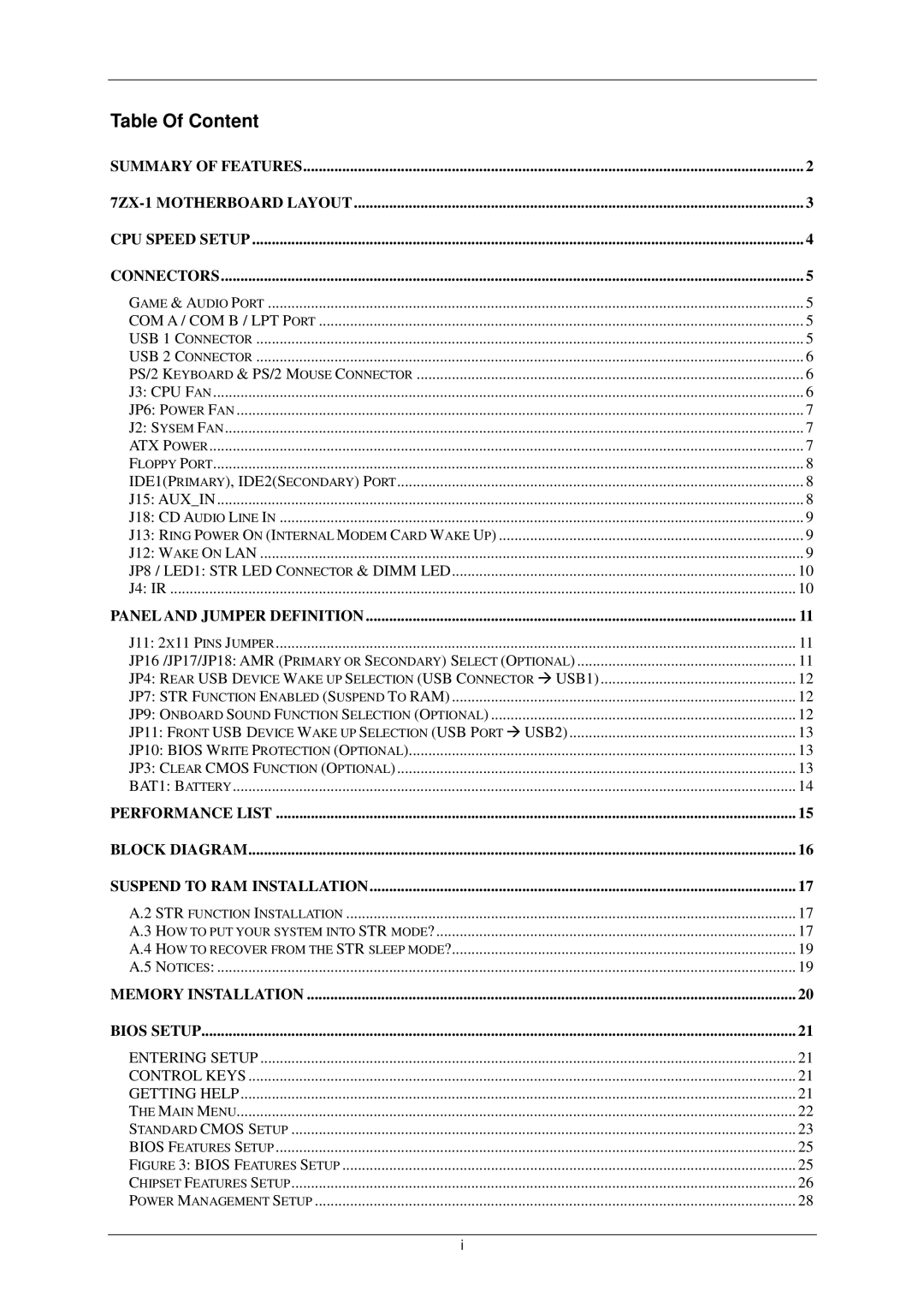 AMD 7ZX-1 user manual Table Of Content, Panel and Jumper Definition 