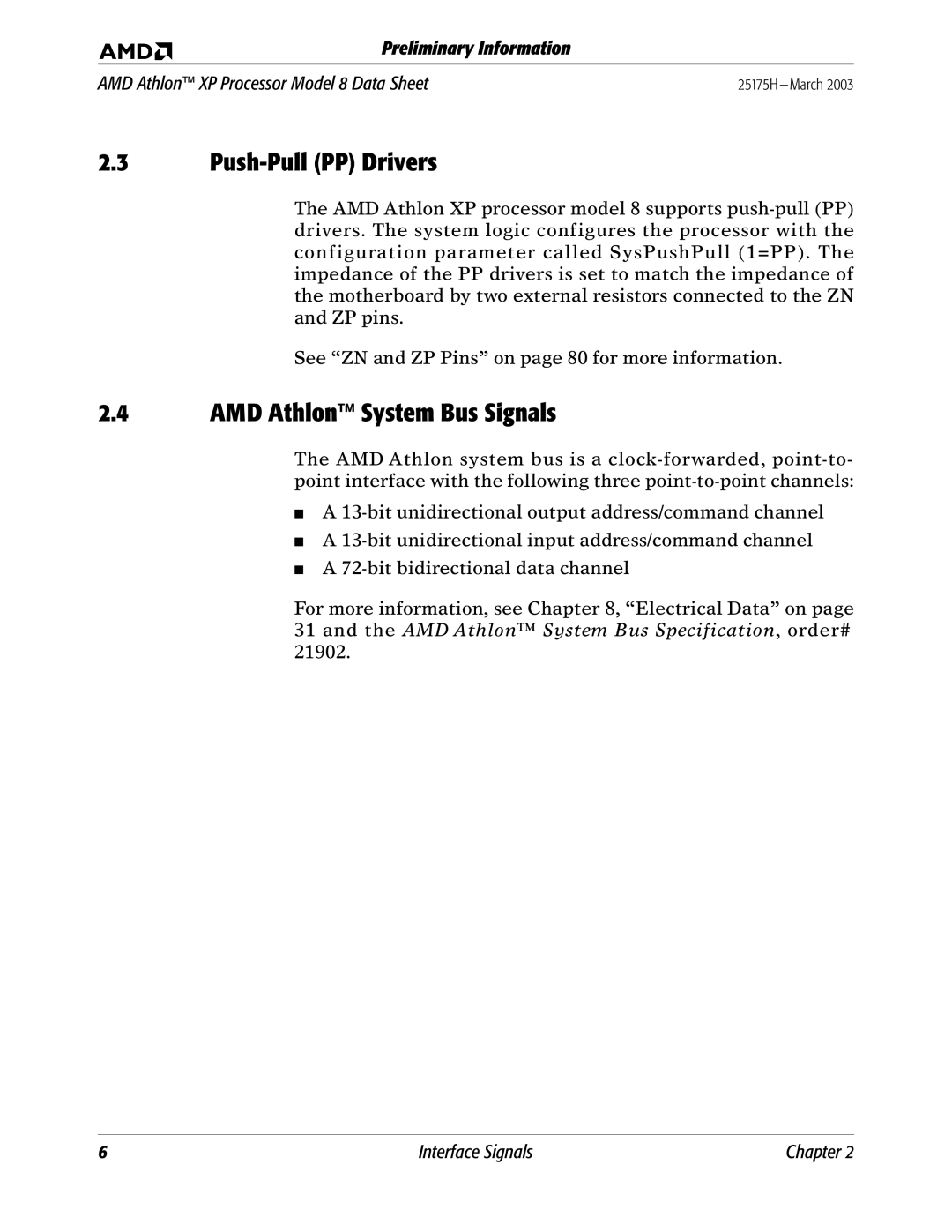 AMD 8 manual Push-Pull PP Drivers, AMD Athlon System Bus Signals 