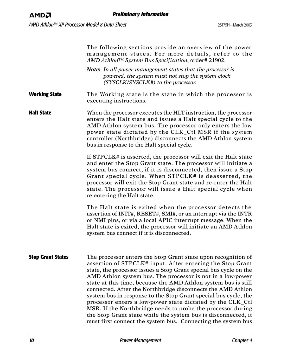 AMD 8 manual Working State, Halt State 