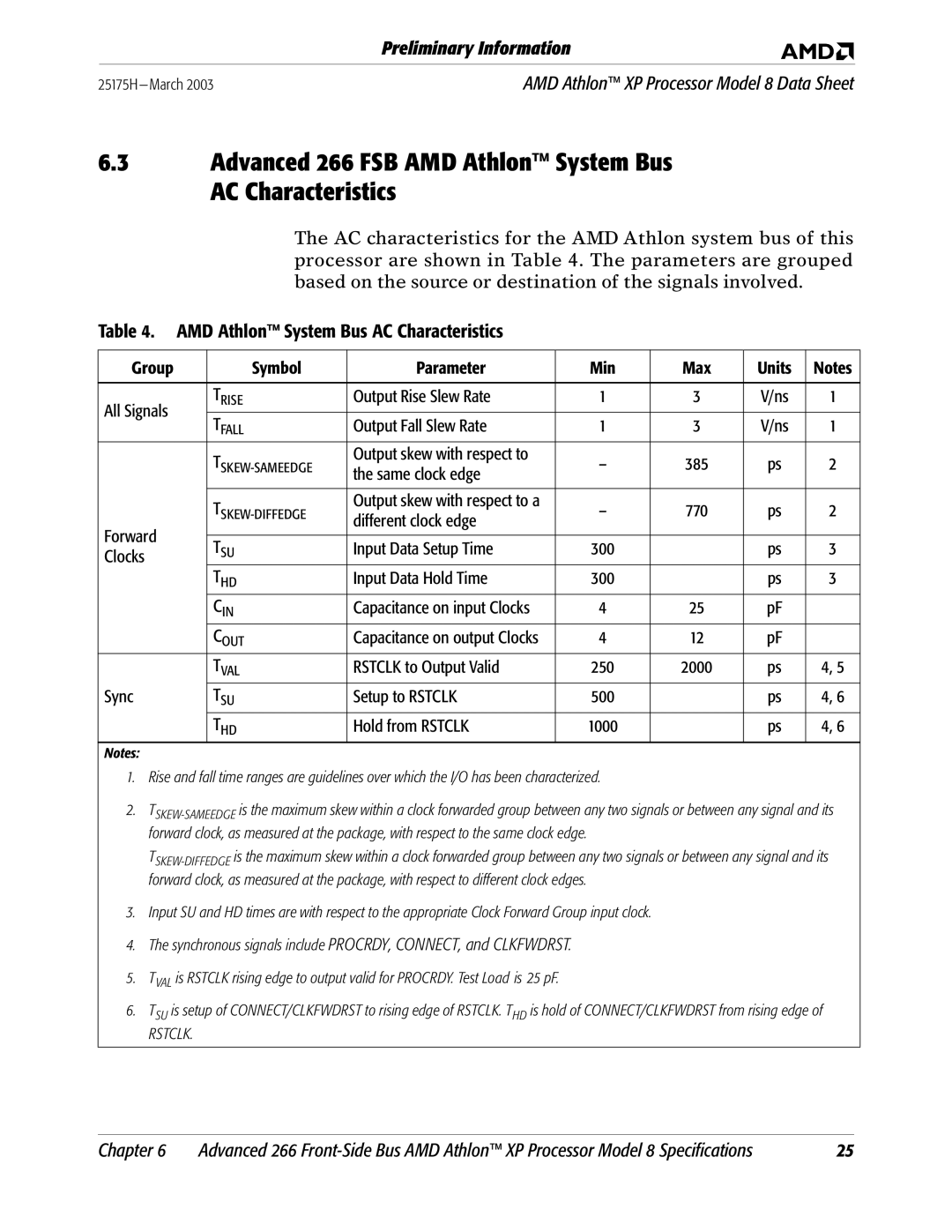 AMD 8 manual Advanced 266 FSB AMD Athlon System Bus AC Characteristics 