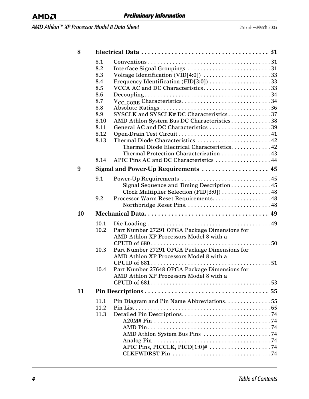 AMD 8 manual Electrical Data 