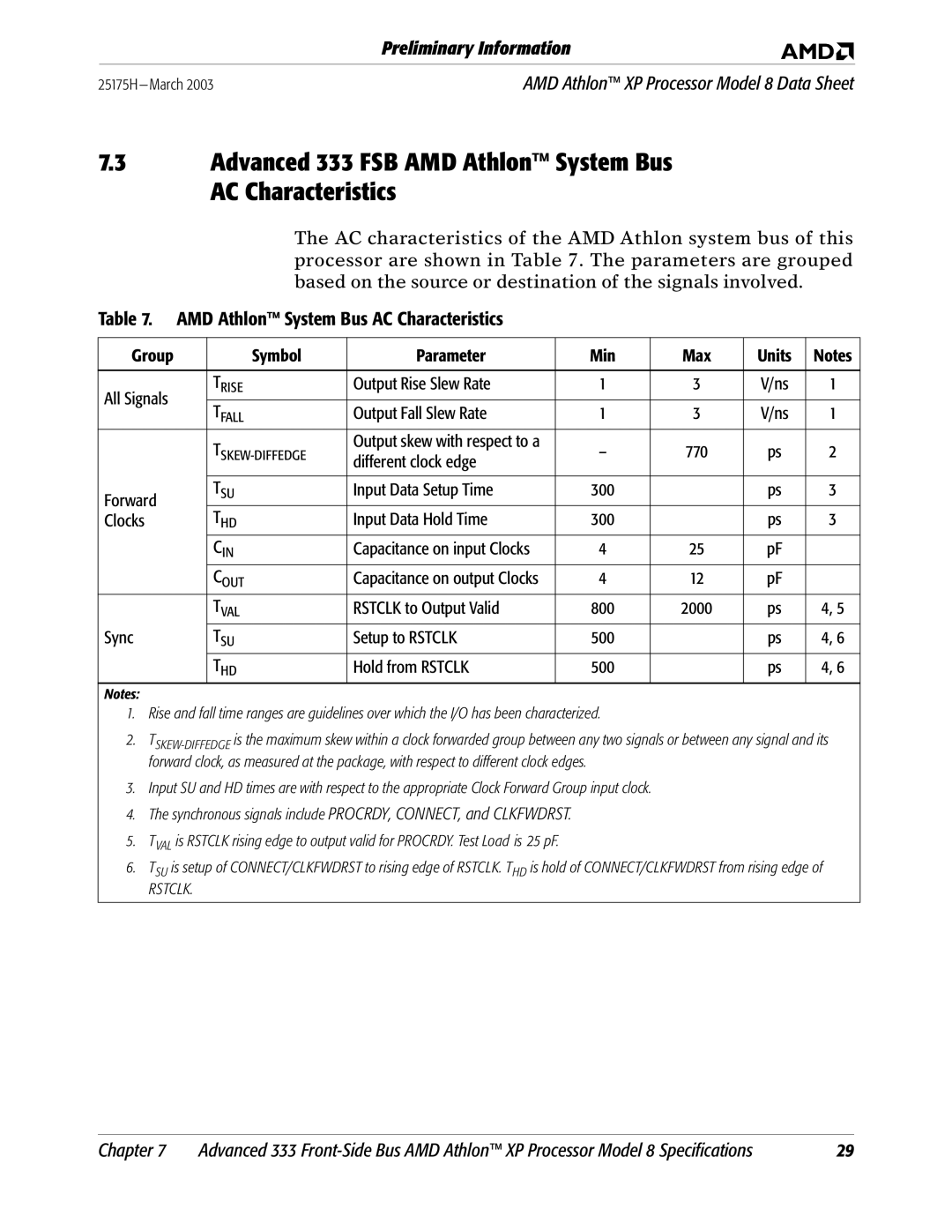 AMD 8 manual Advanced 333 FSB AMD Athlon System Bus AC Characteristics, Different clock edge Forward 