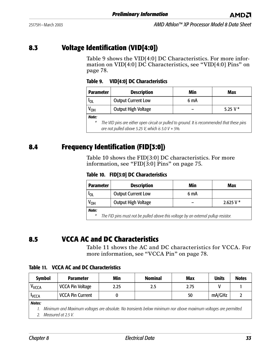 AMD 8 manual Voltage Identification VID40, Frequency Identification FID30, Vcca AC and DC Characteristics 