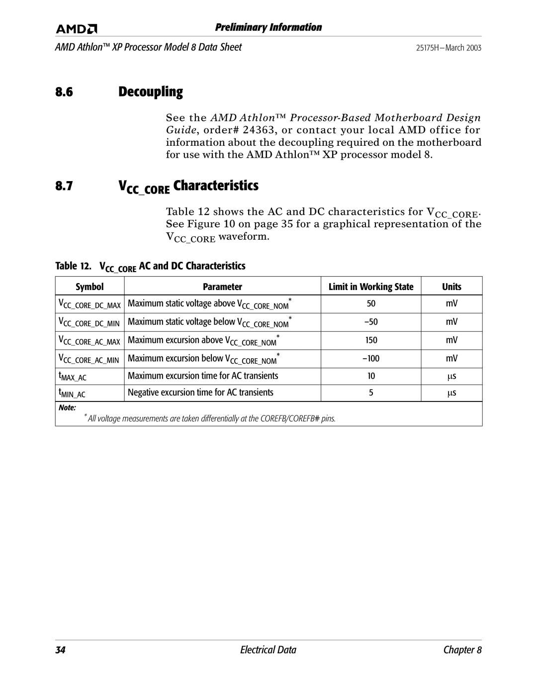 AMD 8 manual Decoupling, Vcccore Characteristics, Vcccore AC and DC Characteristics 