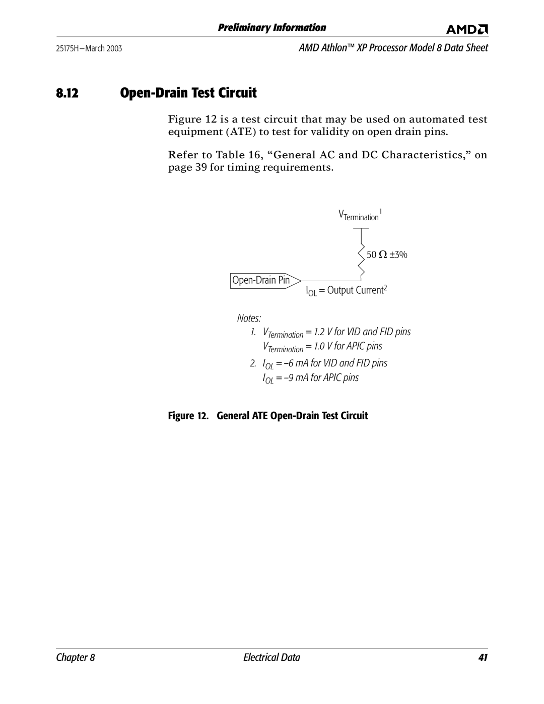 AMD 8 manual Open-Drain Test Circuit, 50 Ω ±3% Open-Drain Pin IOL = Output Current2 