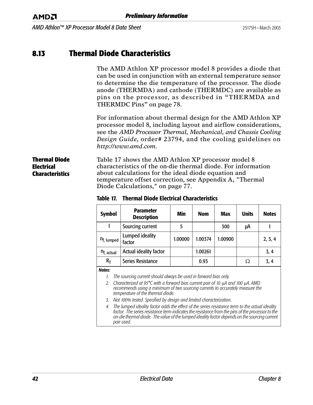 AMD 8 manual Thermal Diode Characteristics, Thermal Diode Electrical Characteristics 