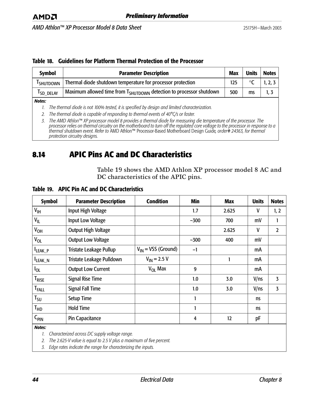 AMD 8 manual Apic Pins AC and DC Characteristics, Guidelines for Platform Thermal Protection of the Processor 