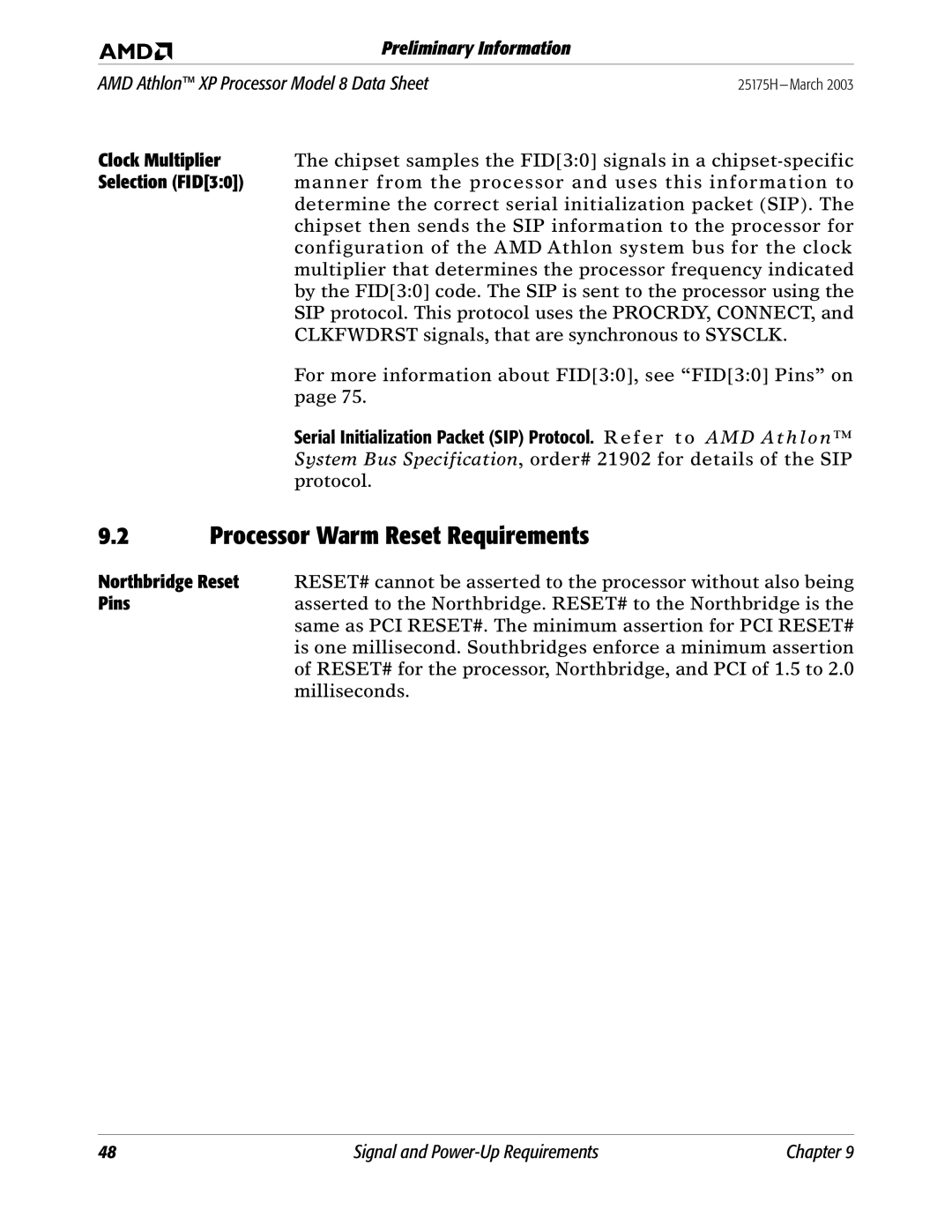 AMD 8 manual Processor Warm Reset Requirements, Clock Multiplier, Selection FID30 