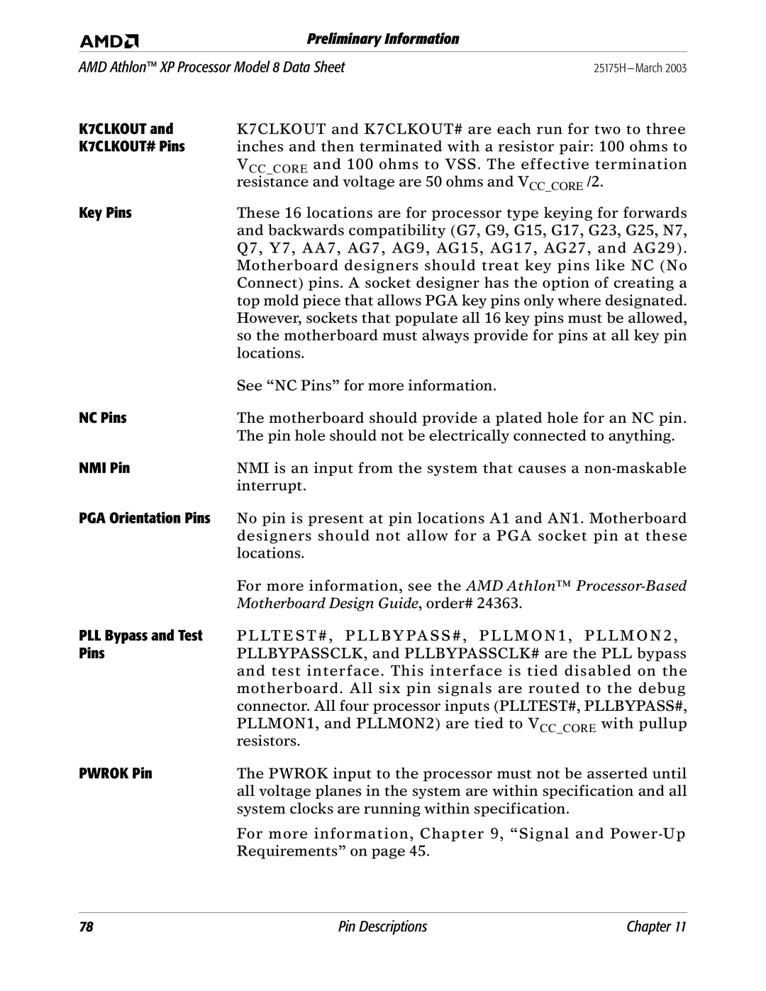 AMD 8 manual K7CLKOUT# Pins, Key Pins, NC Pins, NMI Pin, PGA Orientation Pins, PLL Bypass and Test, Pwrok Pin 