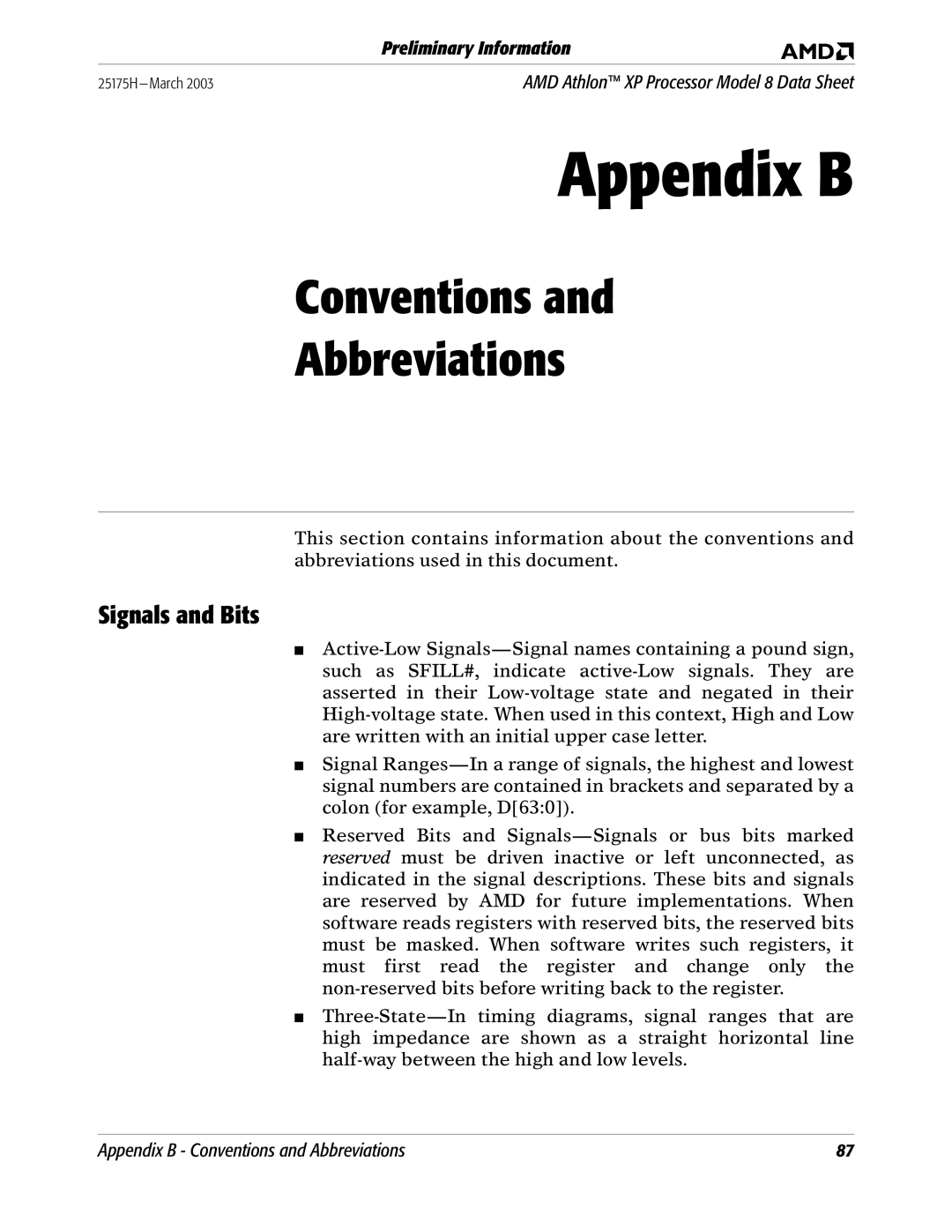 AMD 8 manual Appendix B, Signals and Bits 