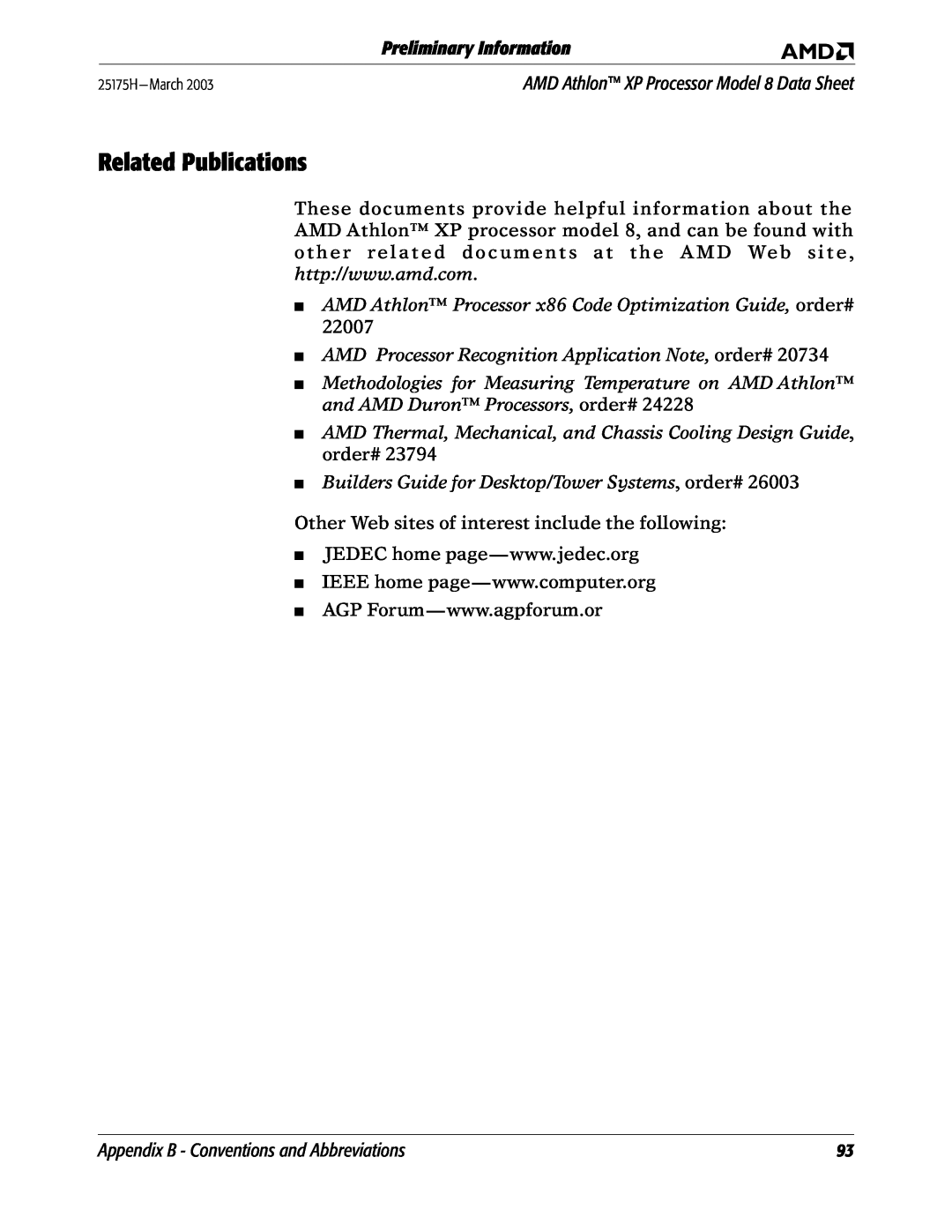 AMD manual Related Publications, AMD Athlon Processor x86 Code Optimization Guide, order#, Preliminary Information 